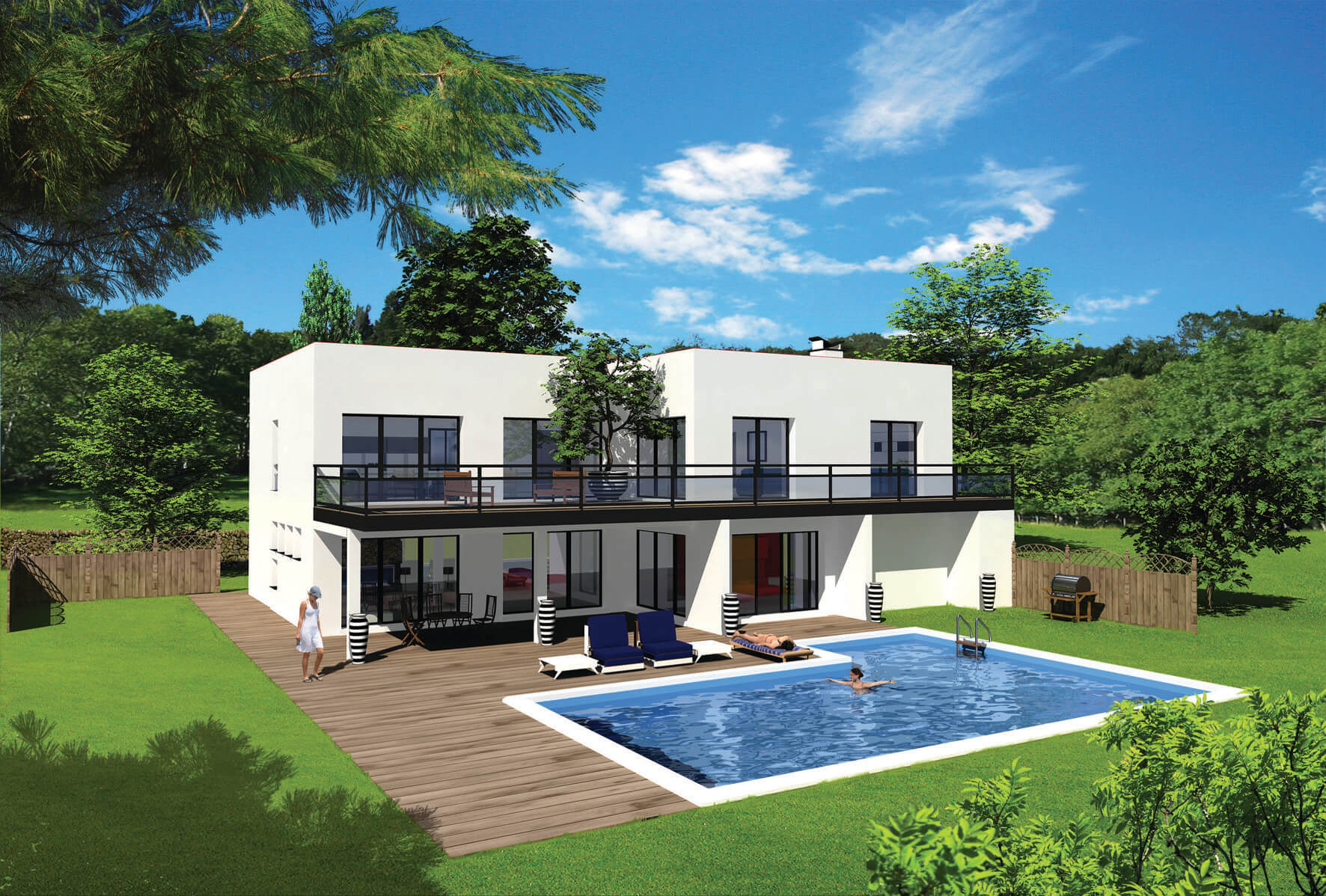 maison moderne en pierre blanche avec balcon de couleur noir, terrasse en bois, piscine et jardin 